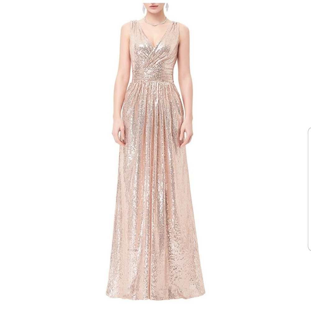Kate Kasin || Rose Gold Sequin Maxi Evening Dress